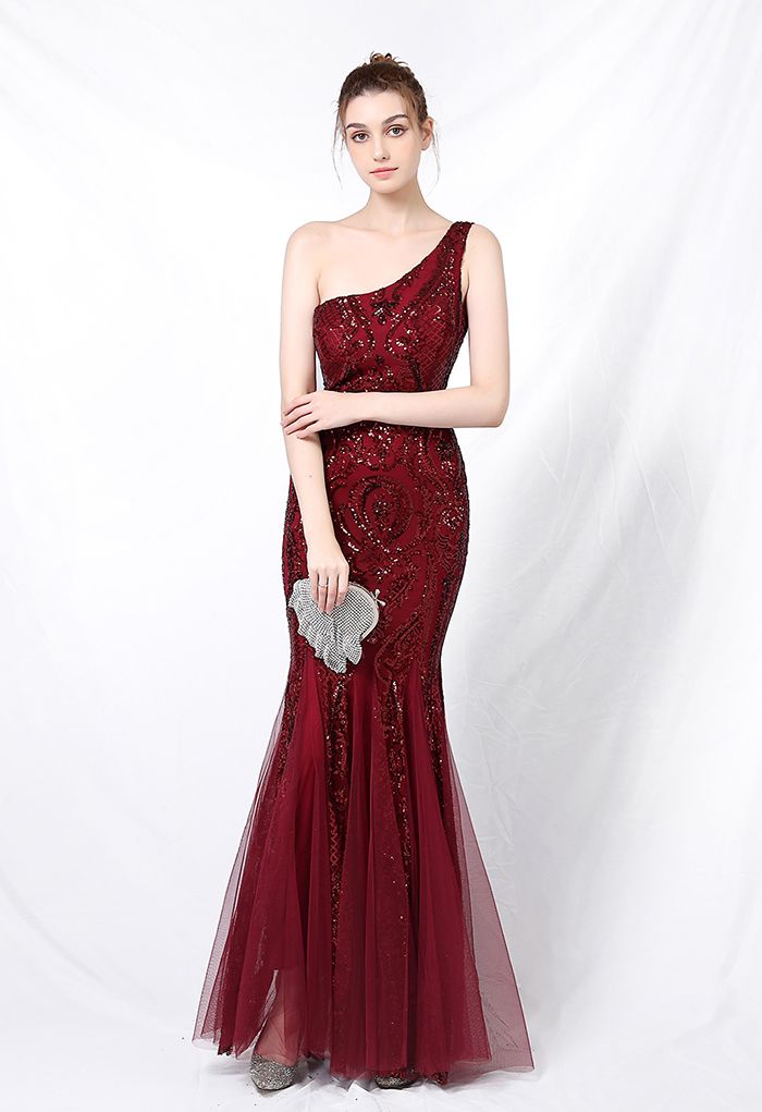 One-Shoulder Floral Lattice Sequined Mesh Gown in Burgundy