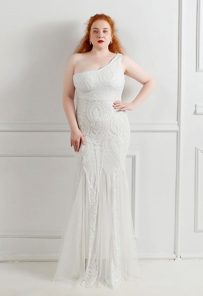 One-Shoulder Floral Lattice Sequined Mesh Gown in White