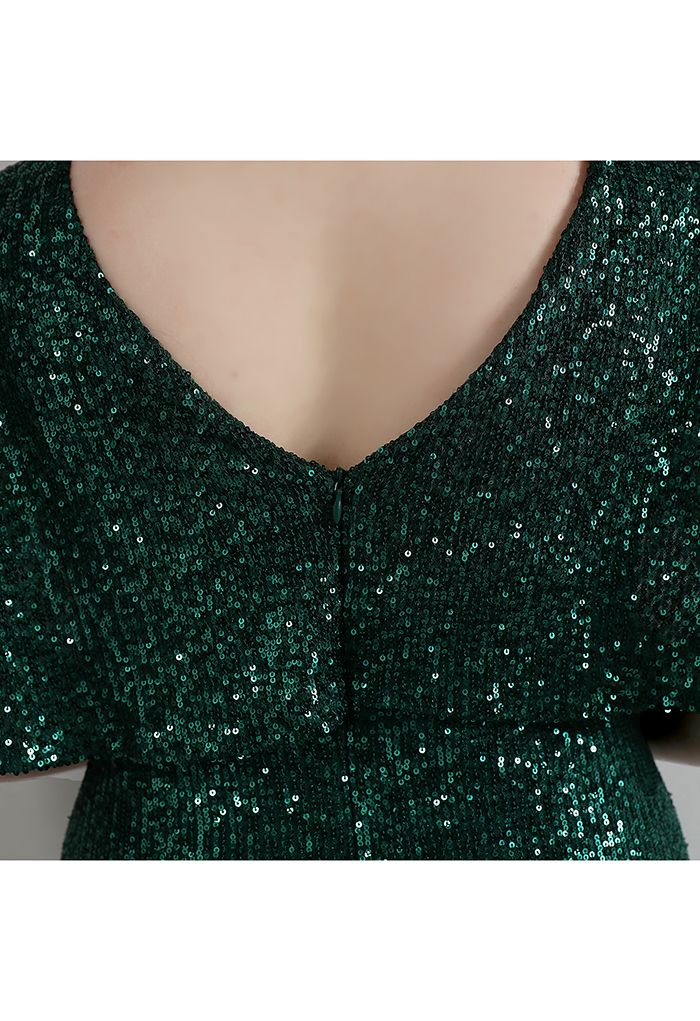 Cape Sleeve Mesh Inserted Sequined Gown in Emerald