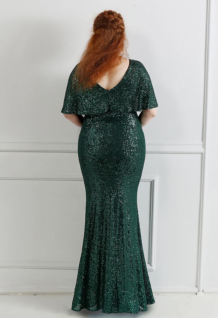 Cape Sleeve Mesh Inserted Sequined Gown in Emerald