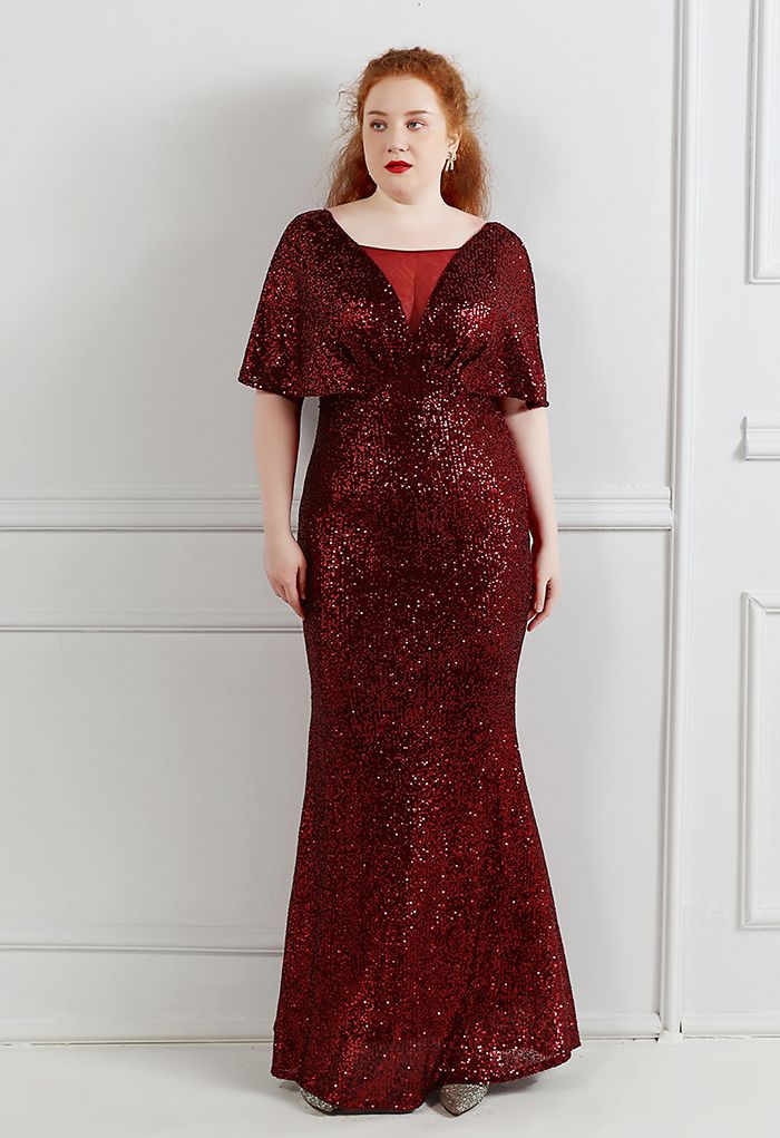 Cape Sleeve Mesh Inserted Sequined Gown in Burgundy