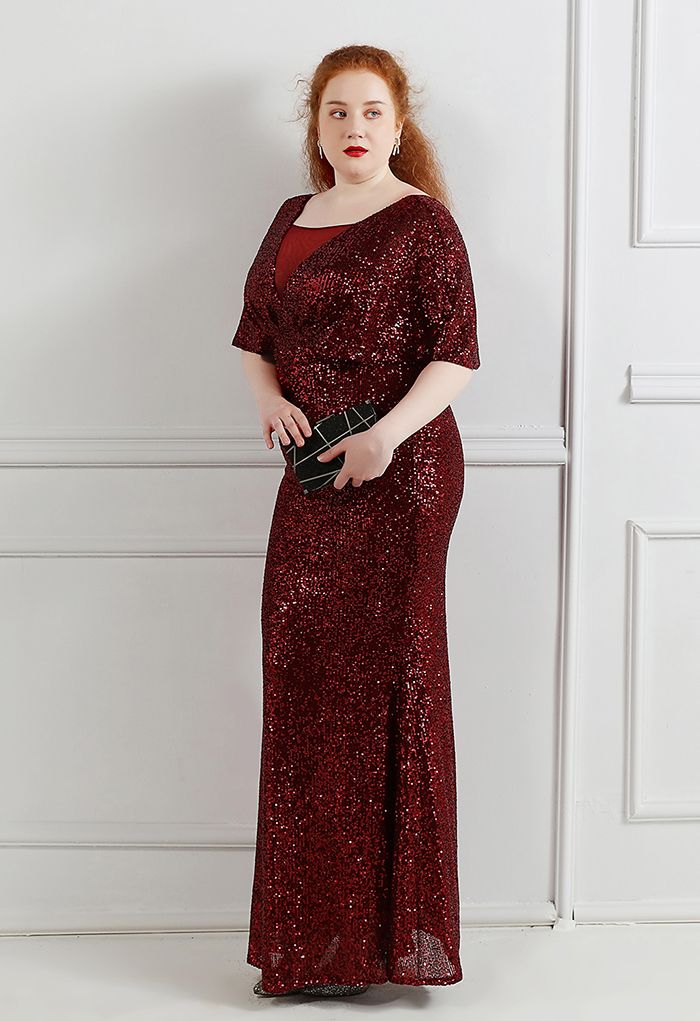 Cape Sleeve Mesh Inserted Sequined Gown in Burgundy