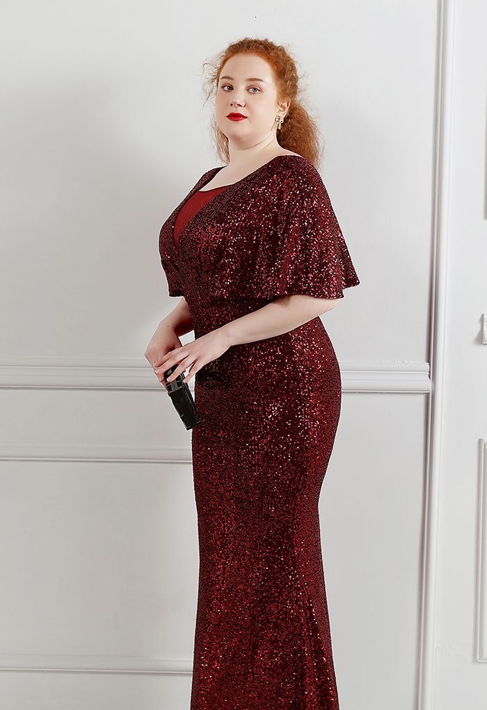 Cape Sleeve Mesh Inserted Sequined Gown in Burgundy