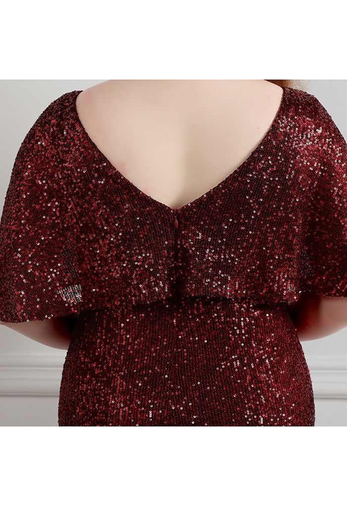 Cape Sleeve Mesh Inserted Sequined Gown in Burgundy