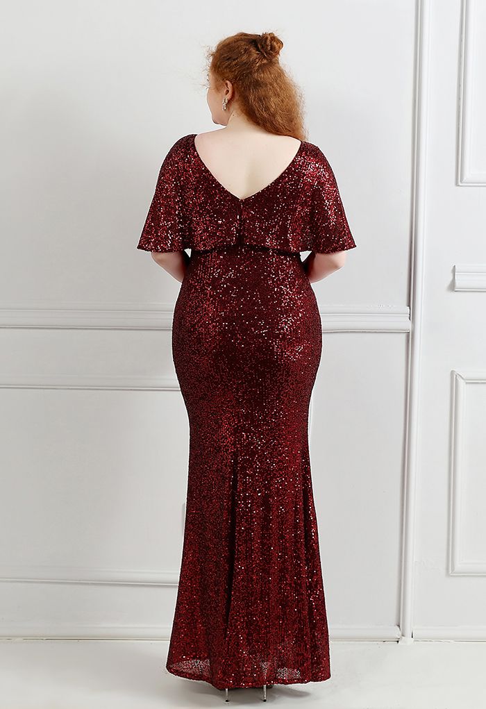 Cape Sleeve Mesh Inserted Sequined Gown in Burgundy