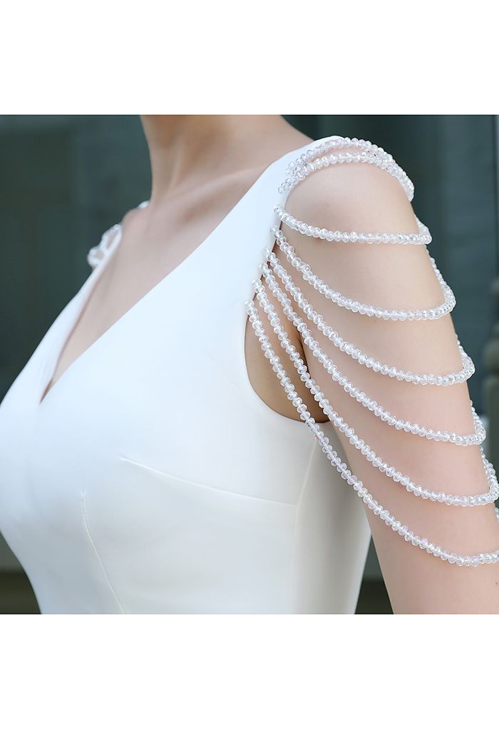 V-Neck Draped Beads Satin Cocktail Dress in White