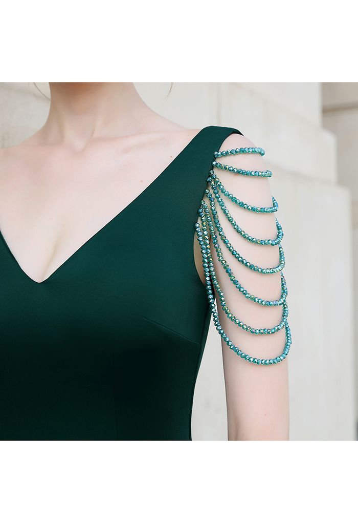 V-Neck Draped Beads Satin Cocktail Dress in Emerald