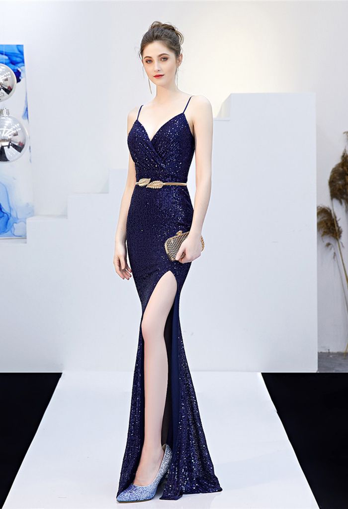 Split Side Sequined Wrap Cami Gown in Navy