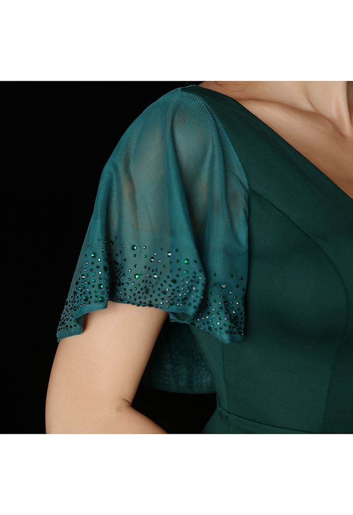 Sequined Flutter Sleeve Split Midi Gown in Emerald