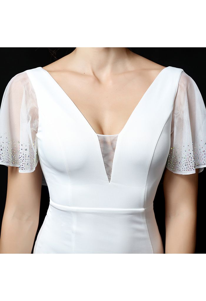 Sequined Flutter Sleeve Split Midi Gown in White