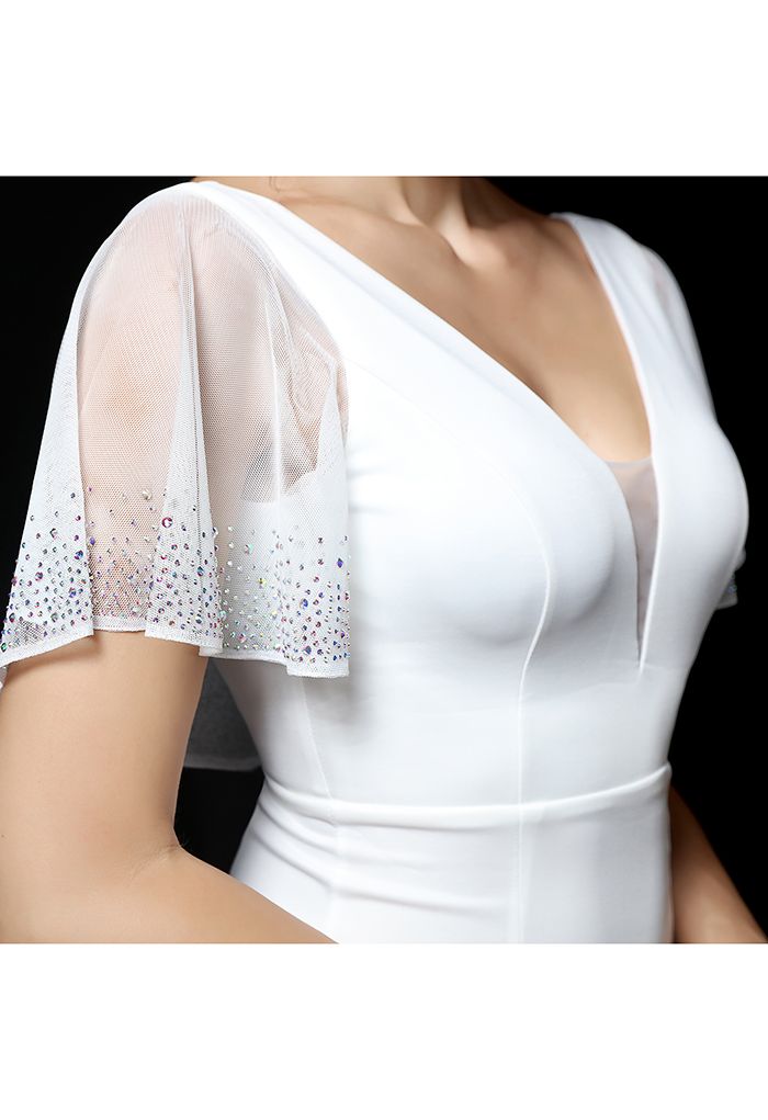 Sequined Flutter Sleeve Split Midi Gown in White
