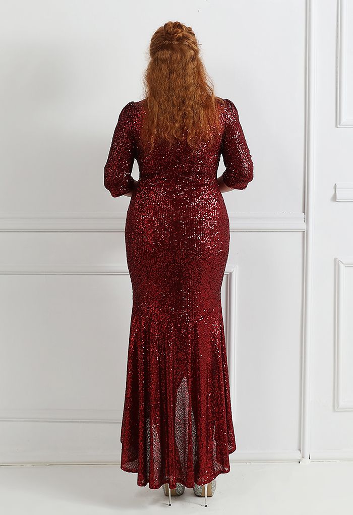 Elbow Sleeve Ruffle Sequined Gown in Burgundy