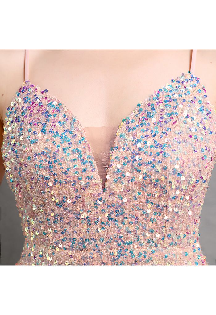 Mesh Inserted Sequined Mermaid Cami Gown in Pink