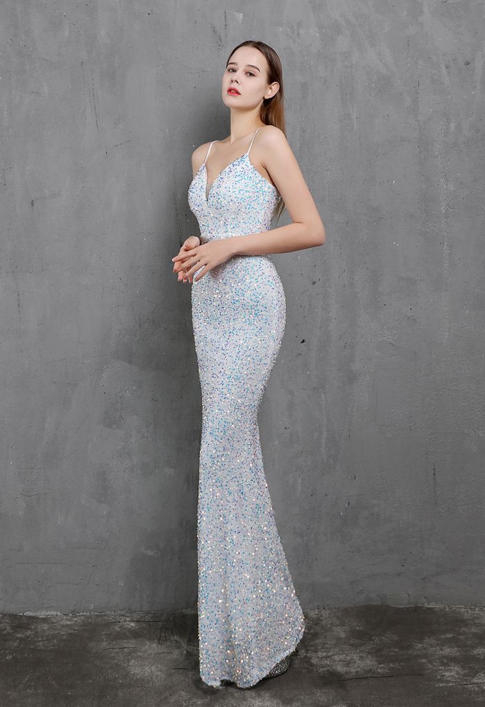 Mesh Inserted Sequined Mermaid Cami Gown in White