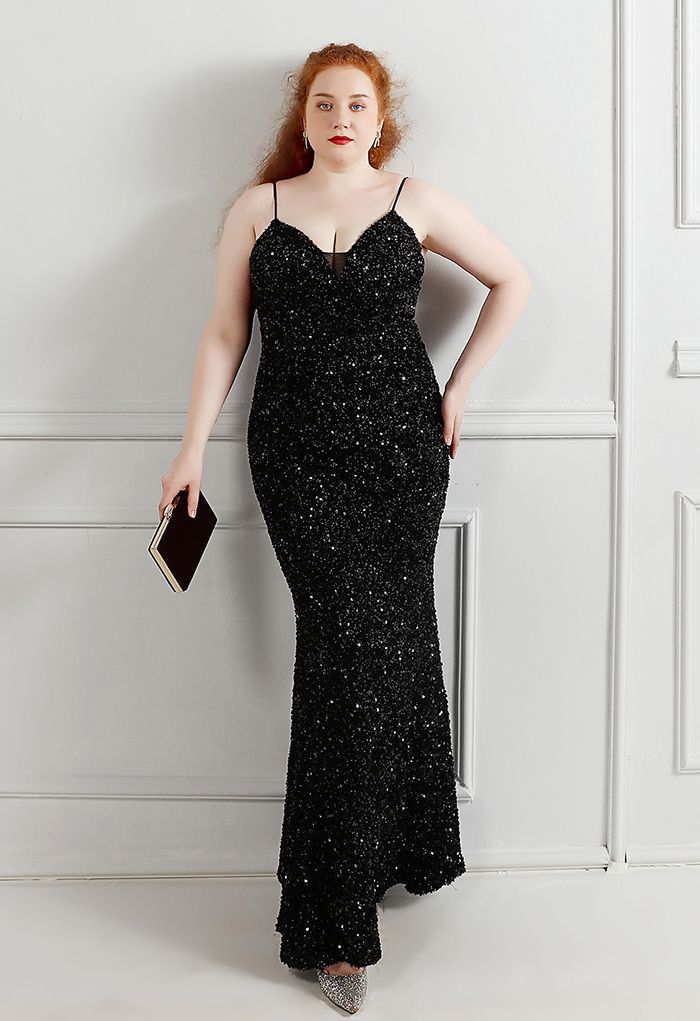 Mesh Inserted Sequined Mermaid Cami Gown in Black