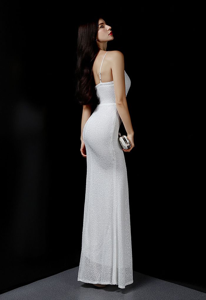 Split Side Sequined Wrap Cami Gown in White