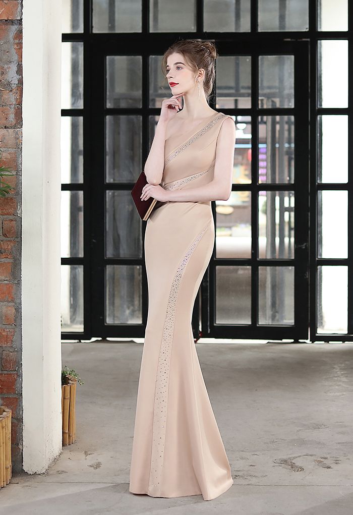 One-Shoulder Colorful Sequin Bodycon Gown in Light Tan