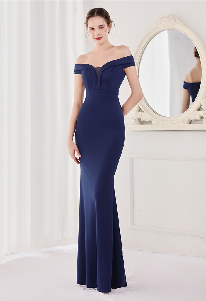 Off-Shoulder Mesh Inserted Satin Gown in Navy