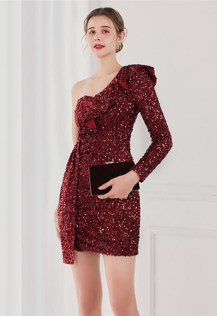 Ruffle One-Shoulder Colorful Sequin Cocktail Dress in Burgundy
