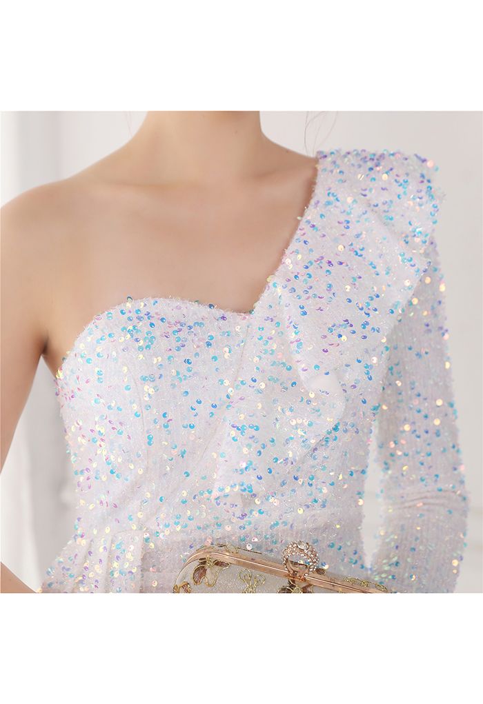 Ruffle One-Shoulder Colorful Sequin Cocktail Dress in White