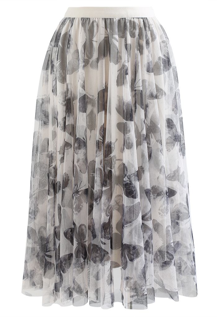 Butterfly Shadow Sequins Velvet Tulle Skirt in Cream