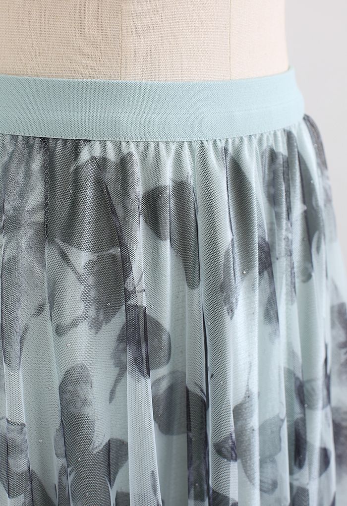 Butterfly Shadow Sequins Velvet Tulle Skirt in Mint