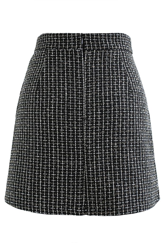 Pearl Button Check Tweed Mini Skirt in Black