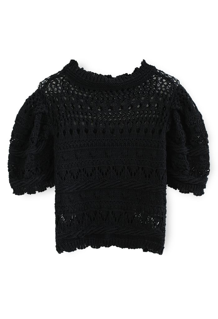 Puff Sleeves Hollow Out Crop Top in Black