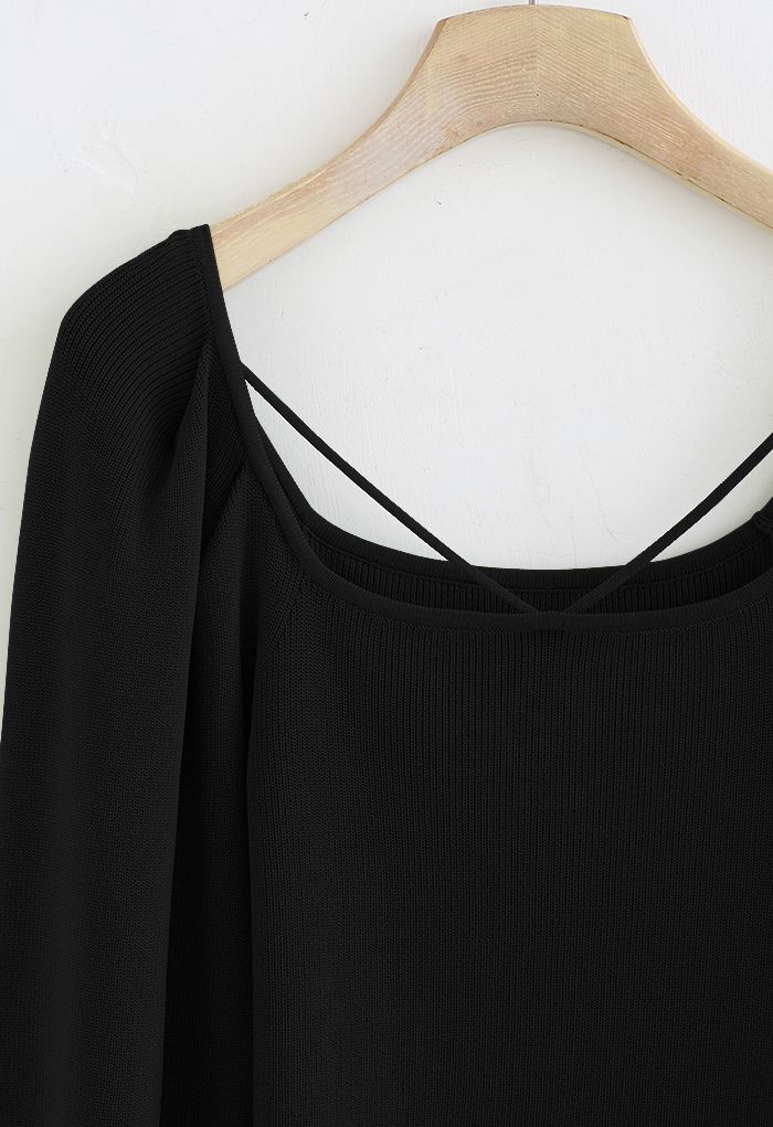 Cutout V-Neck Puff Sleeves Crop Knit Top in Black