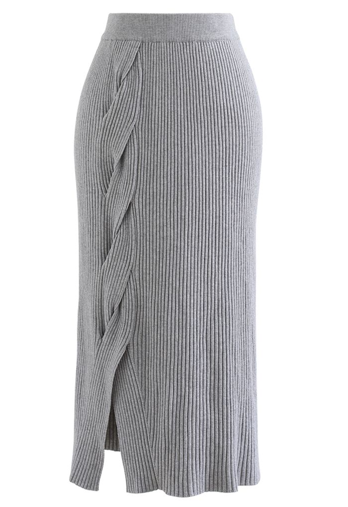 Side Twist Knitted Pencil Skirt in Grey