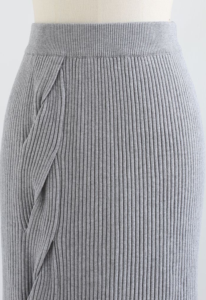 Side Twist Knitted Pencil Skirt in Grey