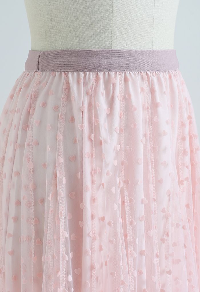Little Heart Panelled Mesh Frilling Skirt in Pink