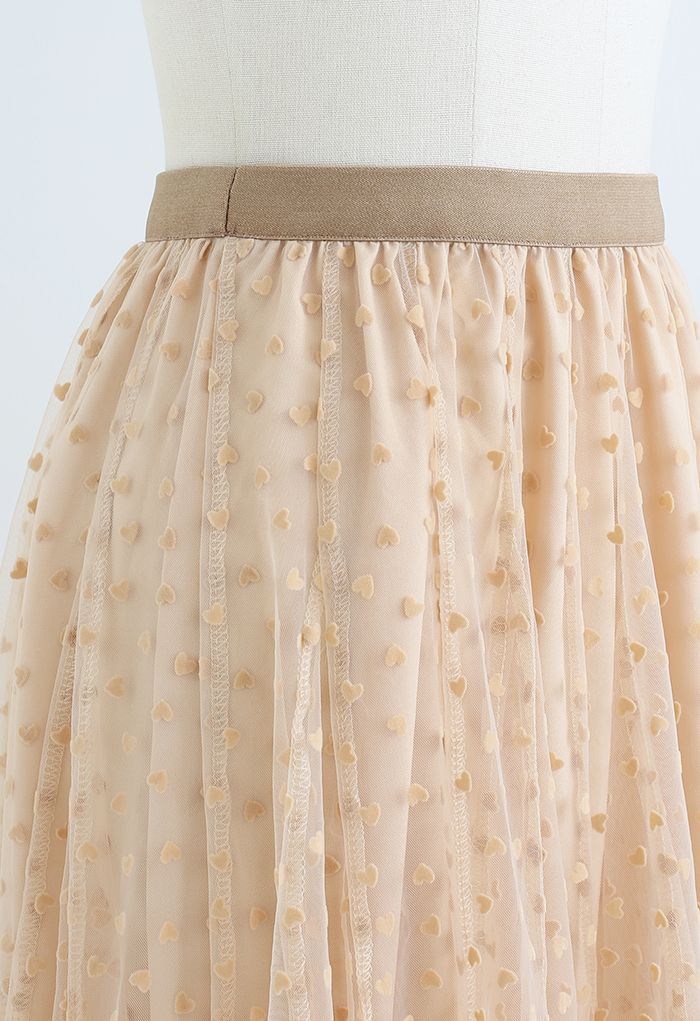 Little Heart Panelled Mesh Frilling Skirt in Apricot