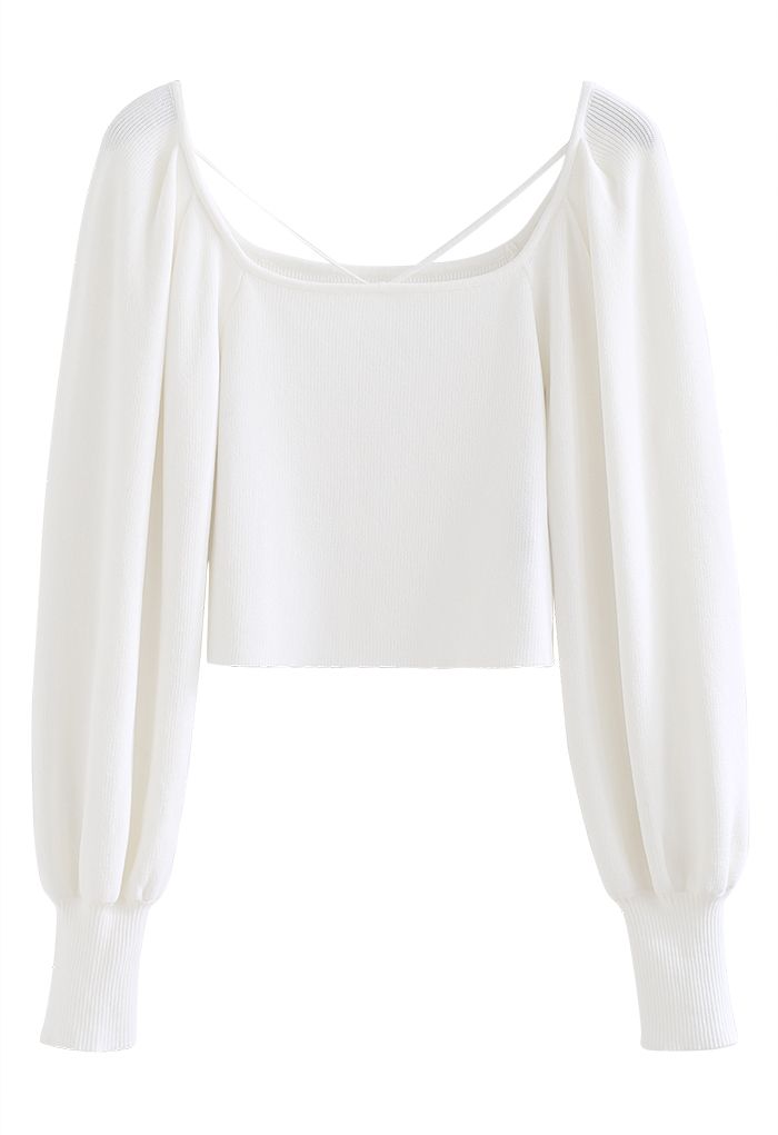 Cutout V-Neck Puff Sleeves Crop Knit Top in White