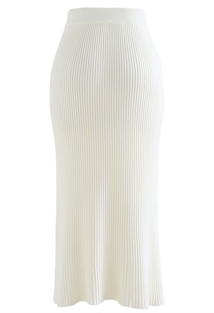 Side Twist Knitted Pencil Skirt in White