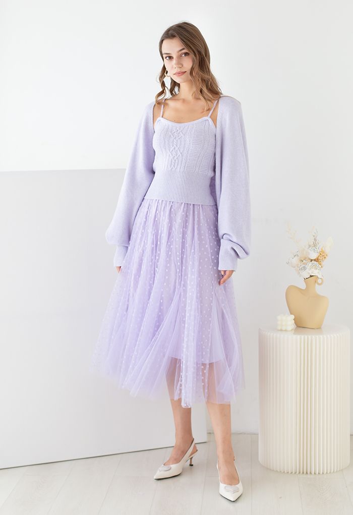 Little Heart Panelled Mesh Frilling Skirt in Lilac