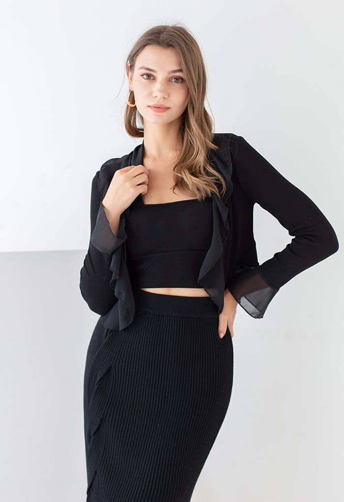 Two-Piece Chiffon Spliced Ribbed Top in Black
