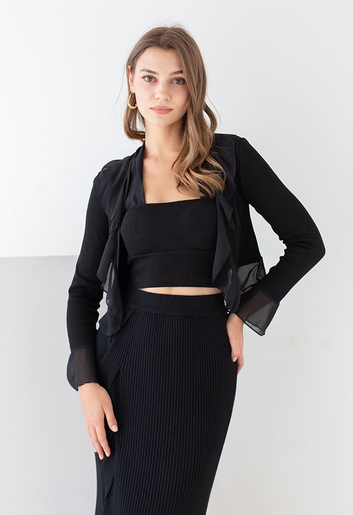 Two-Piece Chiffon Spliced Ribbed Top in Black