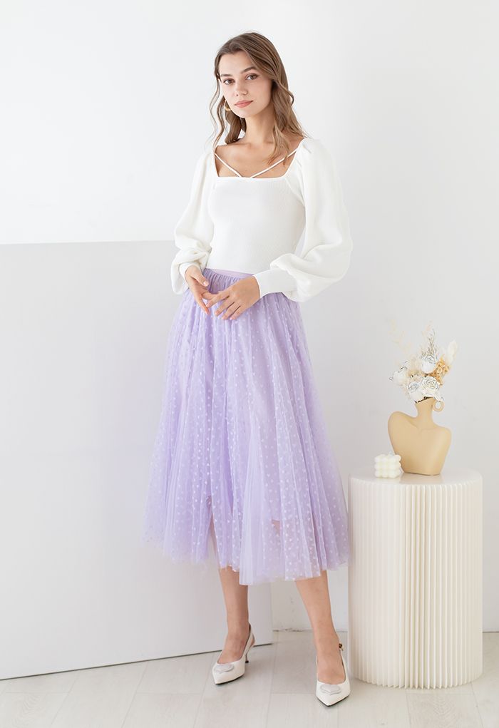 Little Heart Panelled Mesh Frilling Skirt in Lilac
