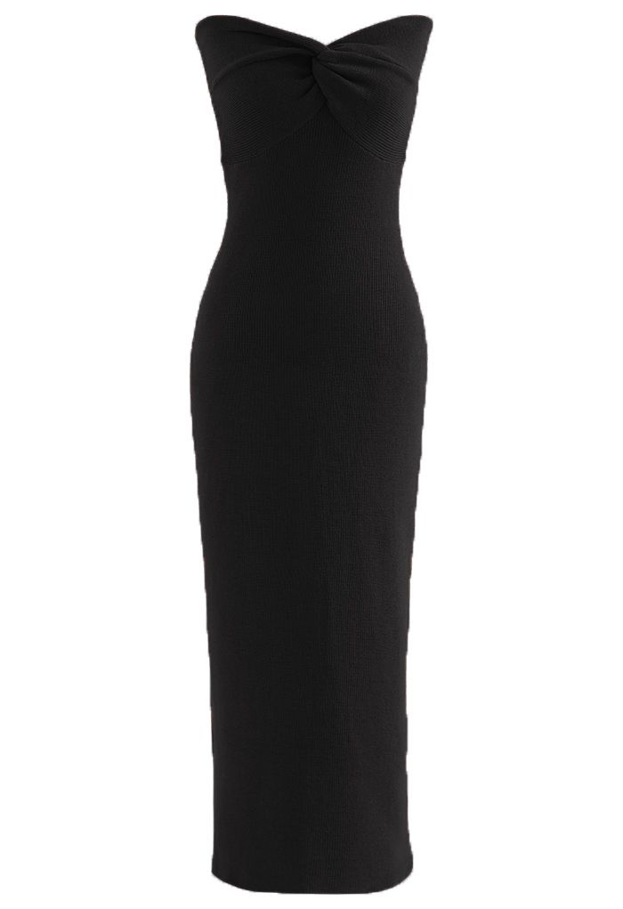 Knotted Front Fitted Knit Dress in Black