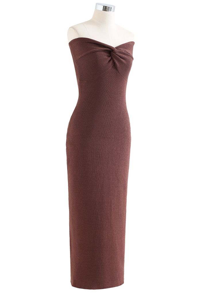 Knotted Front Fitted Knit Dress in Brown
