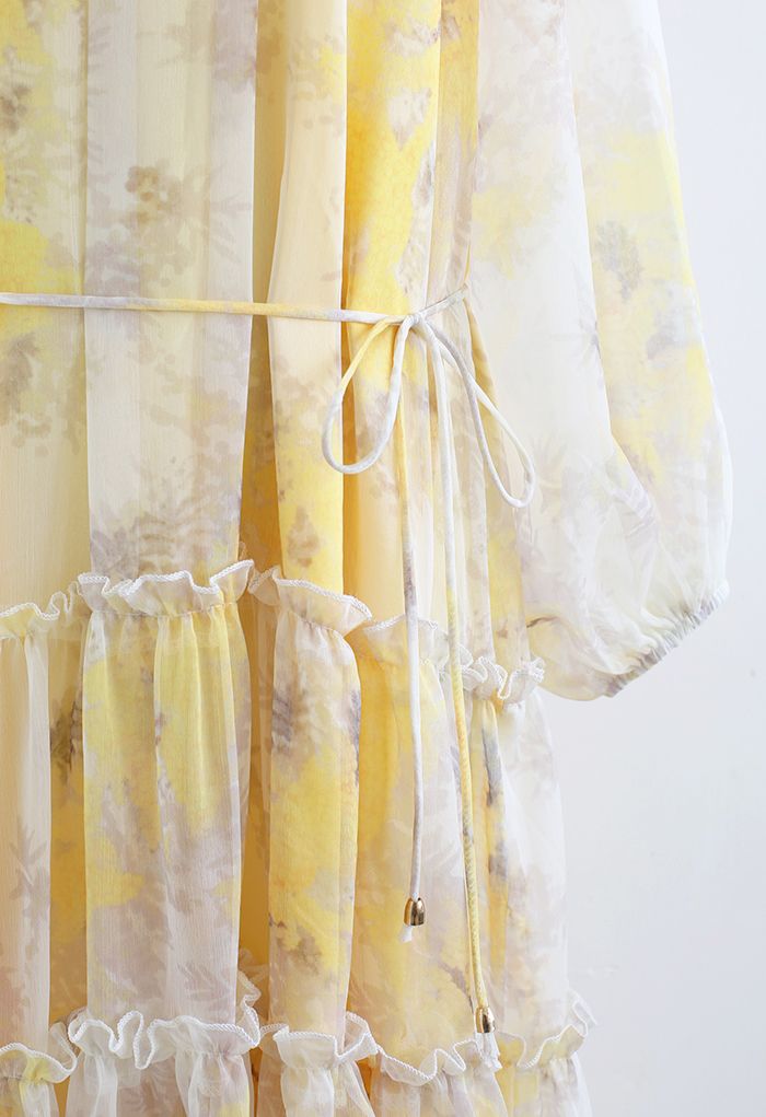 Hazy Floral Ruffle Trim Chiffon Maxi Dress in Yellow