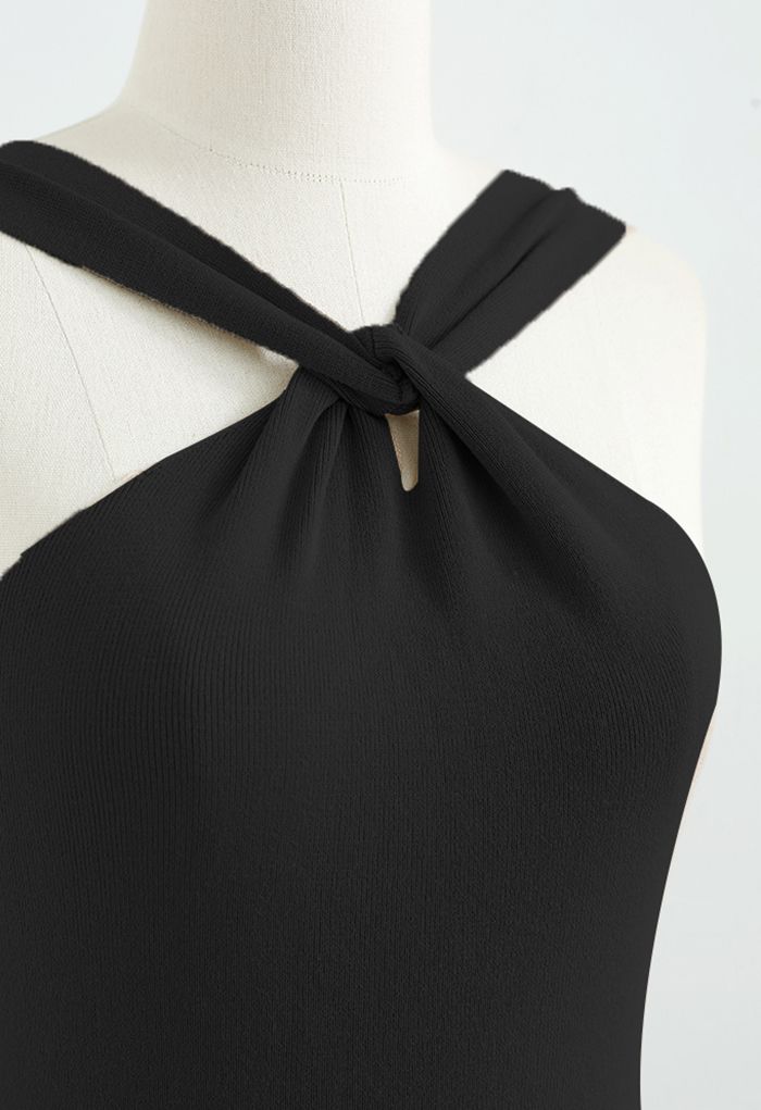 Crisscross Halter Neck Fitted Knit Dress in Black