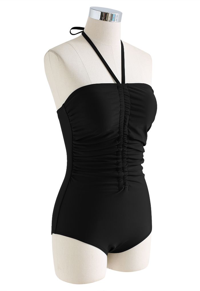 Halter Neck Ruched Front Swimsuit in Black