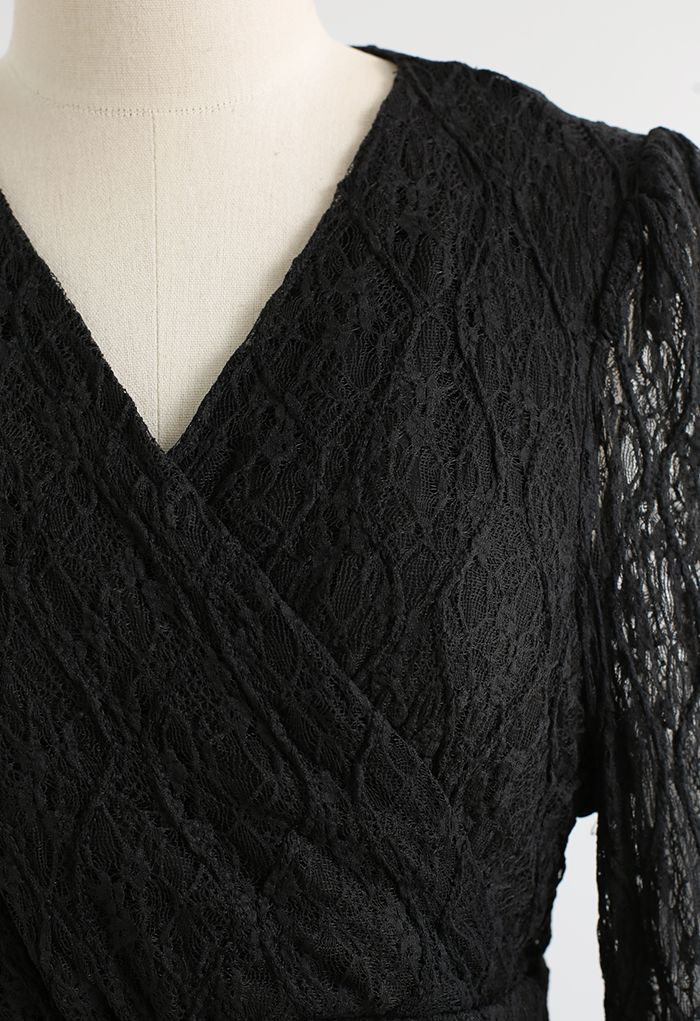 Full Lace Solid Color Wrap Dress in Black