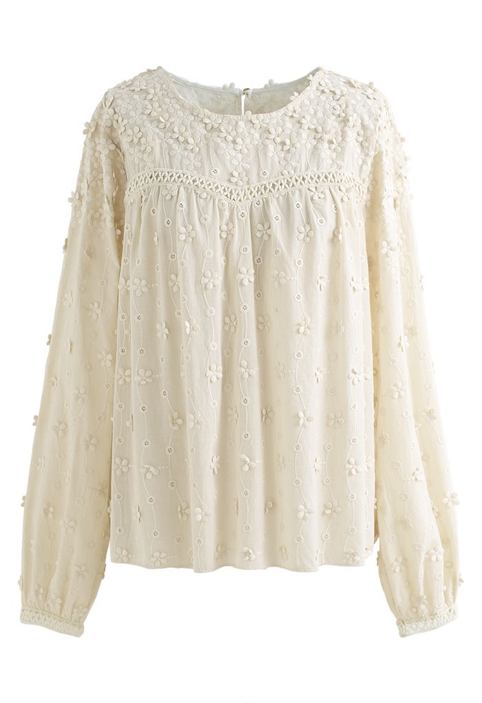 3D Floral Embroidered Slouchy Shirt in Sand