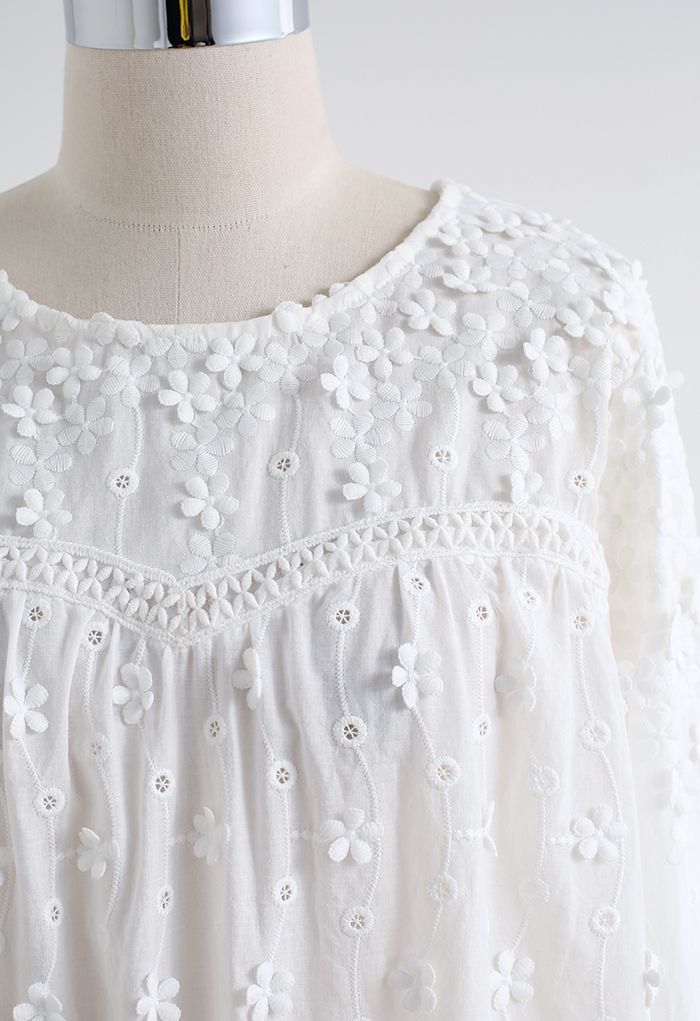 3D Floral Embroidered Slouchy Shirt in White