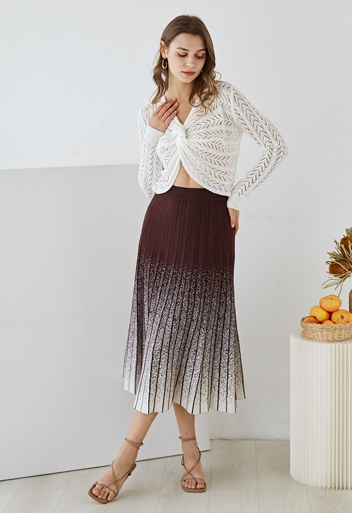 Dense Dots Pleated Ombre Knit Skirt in Brown