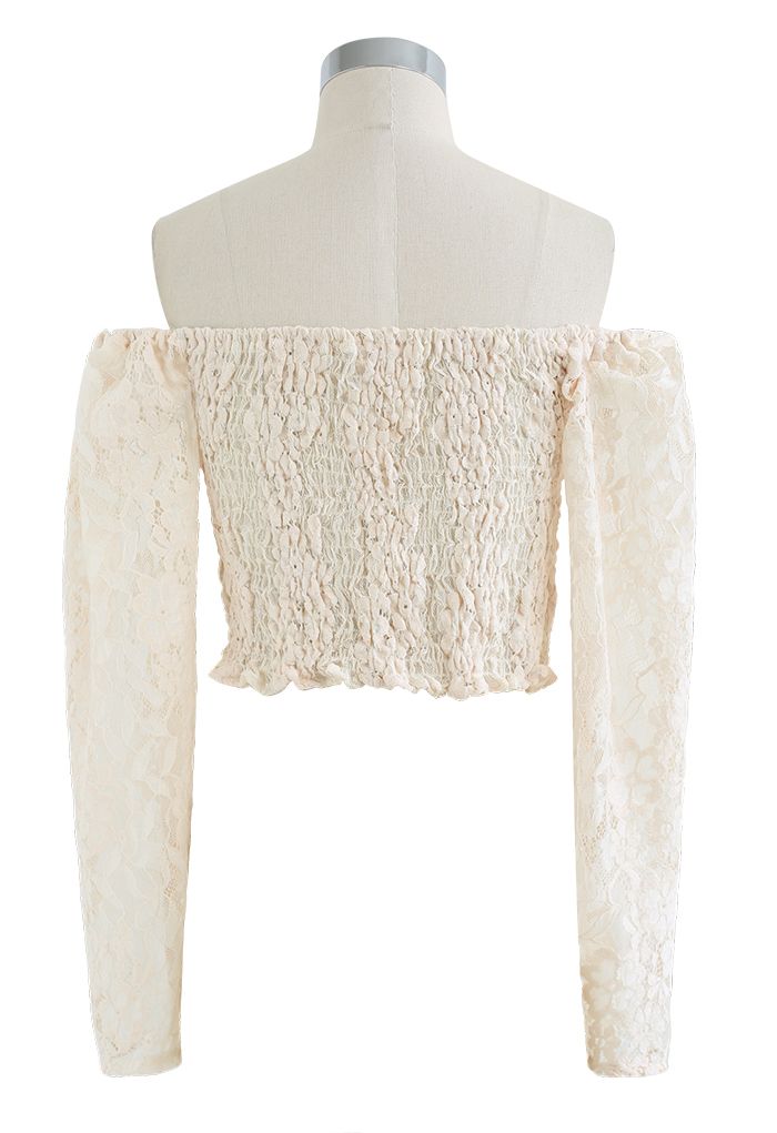 Off-Shoulder Floral Lace Shirred Crop Top in Cream