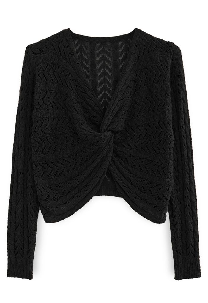 Hollow Out Knot Front Crop Knit Top in Black